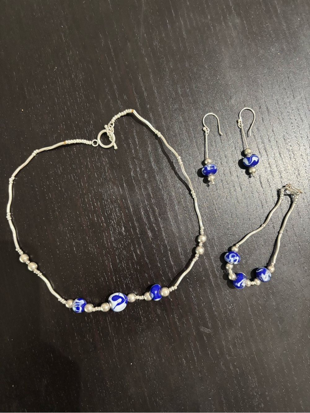 Silver and Blue Glass Bead Necklace, Bracelet & Earring Set